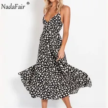 Nadafair Sexy Spaghetti Correa impresa playa Vestidos Mujer Floral Midi una línea sin espalda arco V cuello Boho vestido de verano(China)
