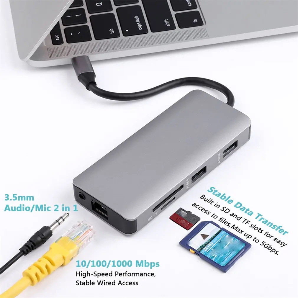 Type C USB C концентратор 7 в 1 многопортовый USB 3,1 type C к HDMI USB 3,0 RJ45 SD кард-ридер PD зарядный адаптер конвертер для Mac