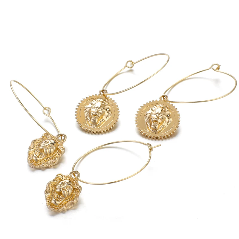

AENSOA 2 Types Three-dimensional Lion Head Alloy Earrings Gold Big Circle Round Drop Earrings For Women Party Jewelry Wholesale