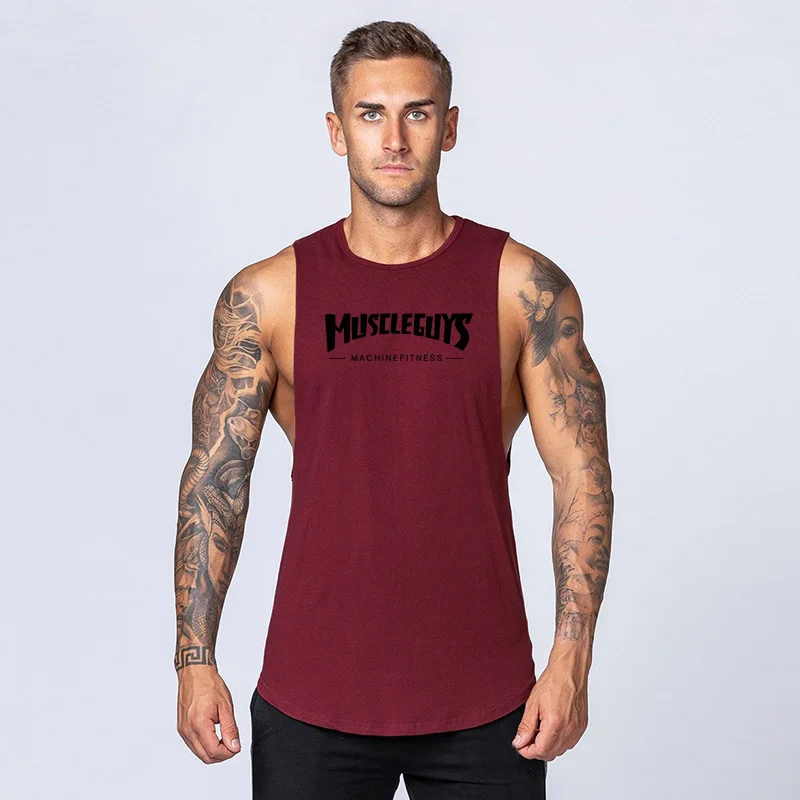 Burgundy Gym Workout Stringer Mens Tank Top Vest Muscle Sleeveless Fashion Clothing Bodybuilding Singlets Cotton Fitness Sportswear Shirt - Color: Burgundy