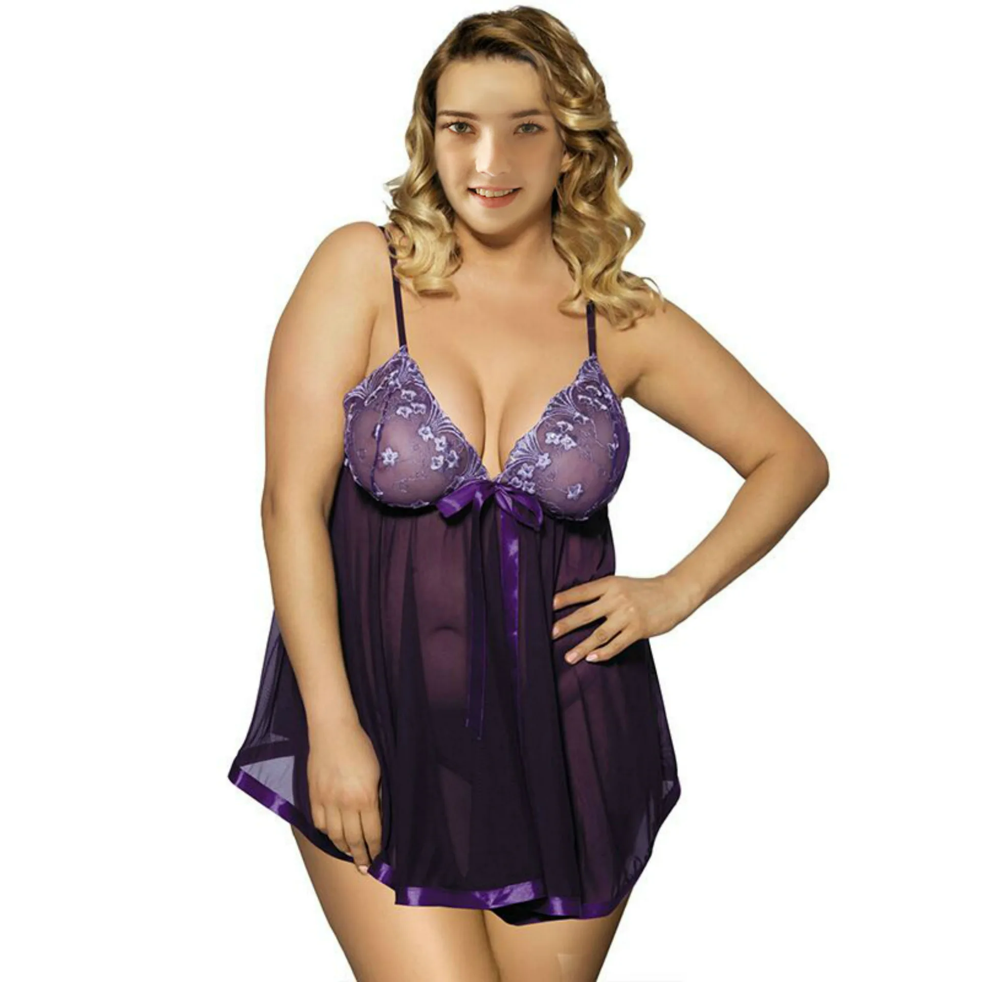 Женское белье размера плюс 5xl 6xl с глубоким v-образным вырезом, эротическое прозрачное сексуальное кружевное нижнее белье, женское сексуальное нижнее белье, сексуальные костюмы - Цвет: 2-purple