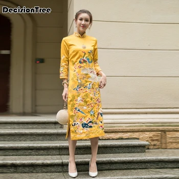 

2020 women chinese traditional cheongsam dress female evening party cotton cheongsams long knitted qipao dresses chinese dress
