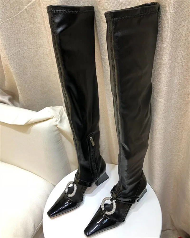 Открытые женские облегающие высокие сапоги Slim Fit эластичный носок Ботинки квадратный носок ботфорты на высоком каблуке стразы; боты с высоким голенищем; женская