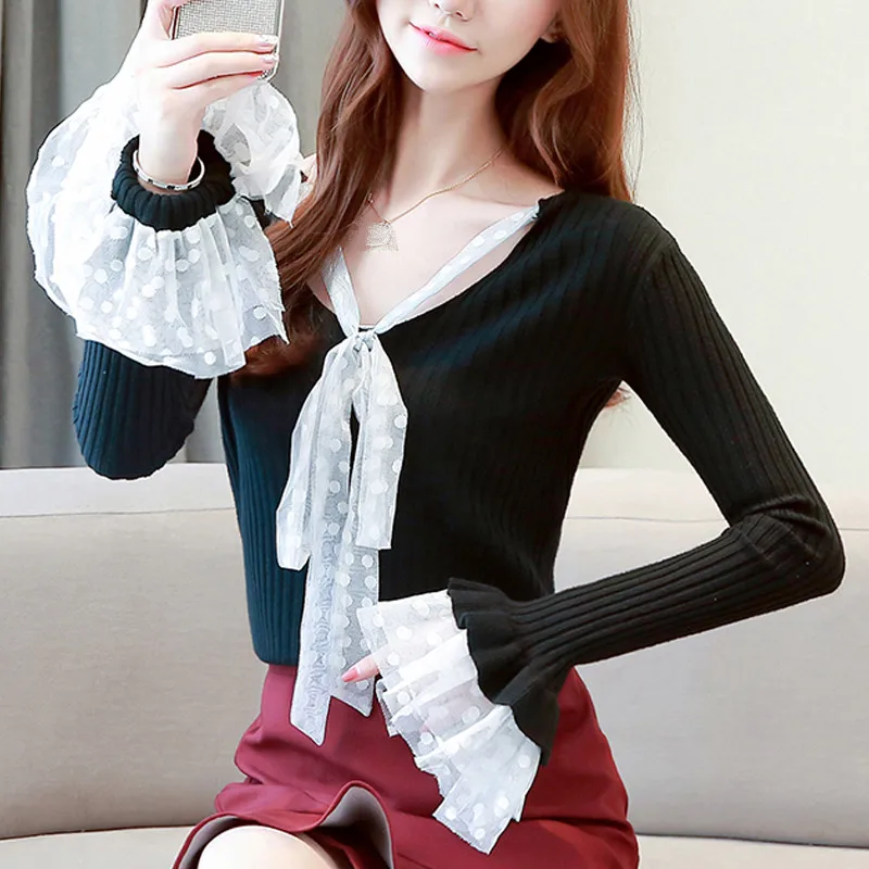 Black women sweater RICININA, свитер для женщин, вязаный пуловер,, круглый ворот, Одноцветный, кружево, Mujer, осенние свитера для женщин, Повседневные свитера для девушек, длинный рукав - Цвет: Black women sweater