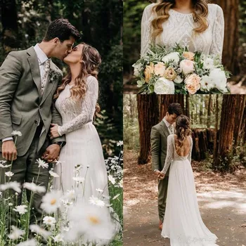 

Wholesale - 2020 New Beach Bohemian Wedding Dresses Sexy Backless Long Sleeve Country Bridal Gowns Custom Made Wedding Dress