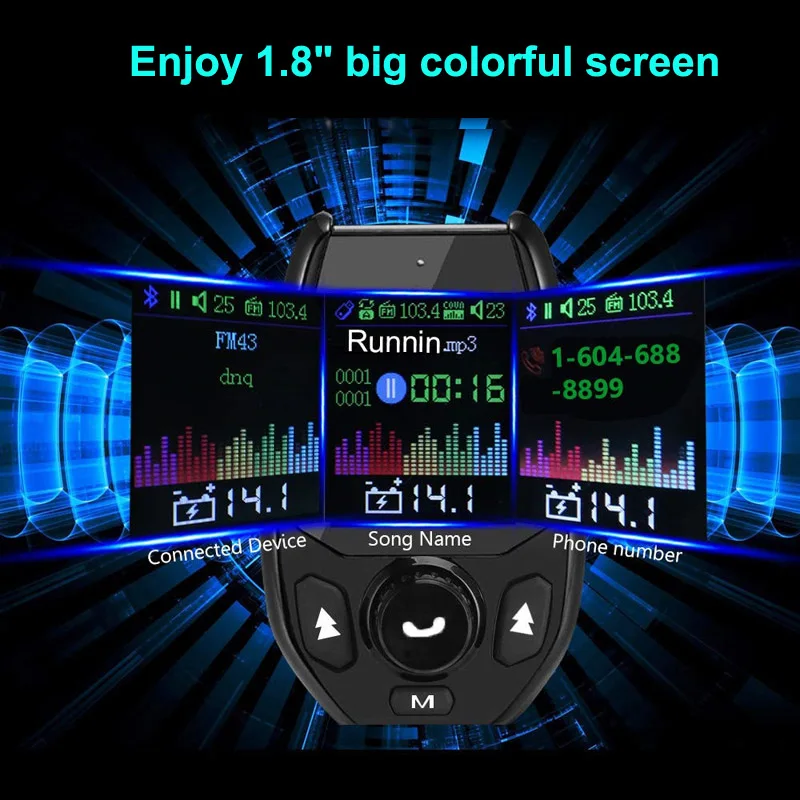 JaJaBor fm-передатчик модулятор Bluetooth 5,0 автомобильный комплект громкой связи AUX 1,8 дюймов Большой экран Поддержка TF карта U воспроизведение диска