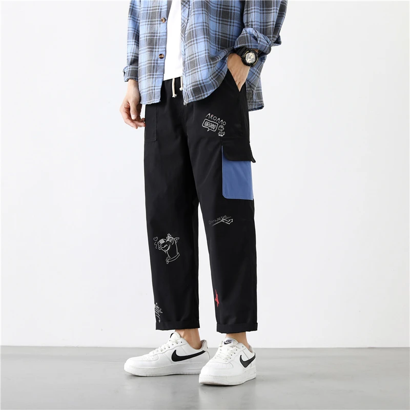 Ropa informal japonesa para hombre, pantalones Cargo de moda, Harajuku, Graffiti, holgados, de pierna ancha, informales, longitud hasta el tobillo, color blanco