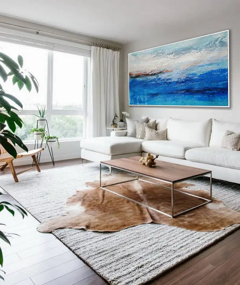 

Hand Painted Canvas Painting Seascape Blue Textured Wall Art Oversize Modern Artwork Panoramic Horizontal Abstract Acrylic Art