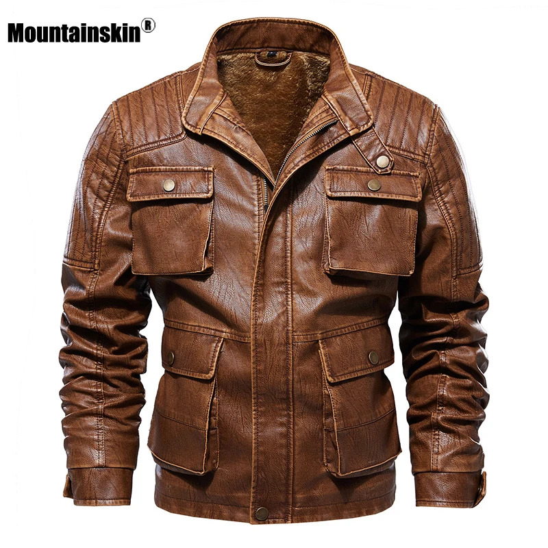 

Mountainskin 2019 New Men's Winter Autumn Leather Jacket Men Casual Motorcycle Fashion Multi-pocket PU Coat Brand Clothing SA770