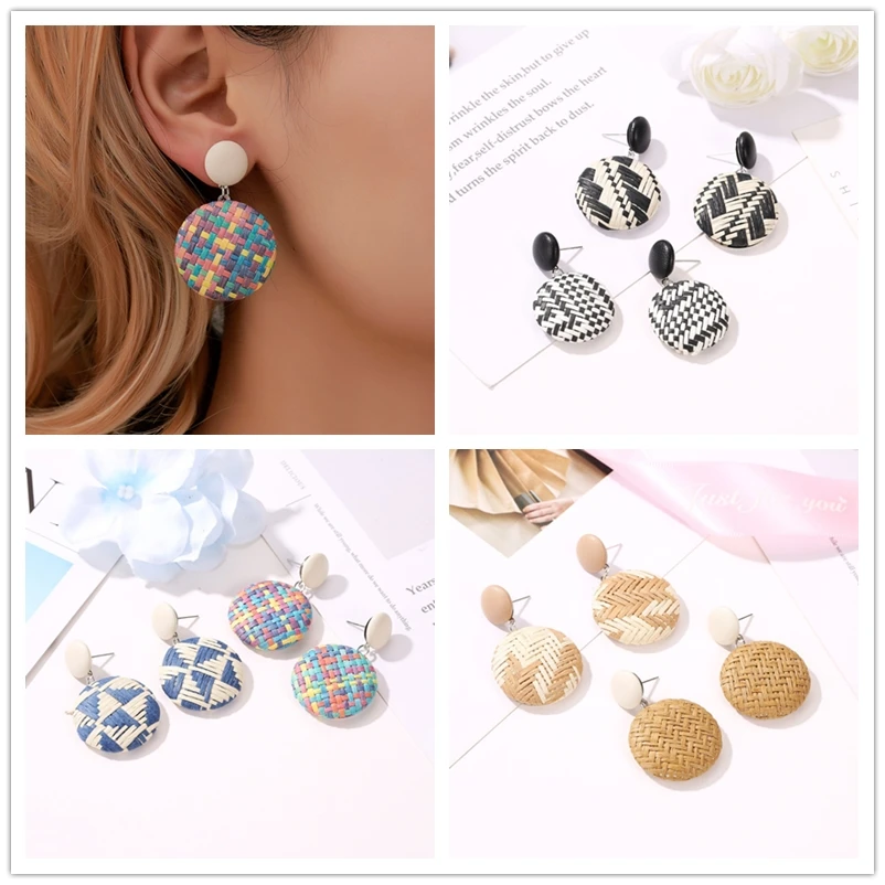 

Vintage Boho Gypsy Circle Dangle Earrings Fashion Women Ethnic Bohemian Drop Round Stud Jewelry Black White Geometric Weaving