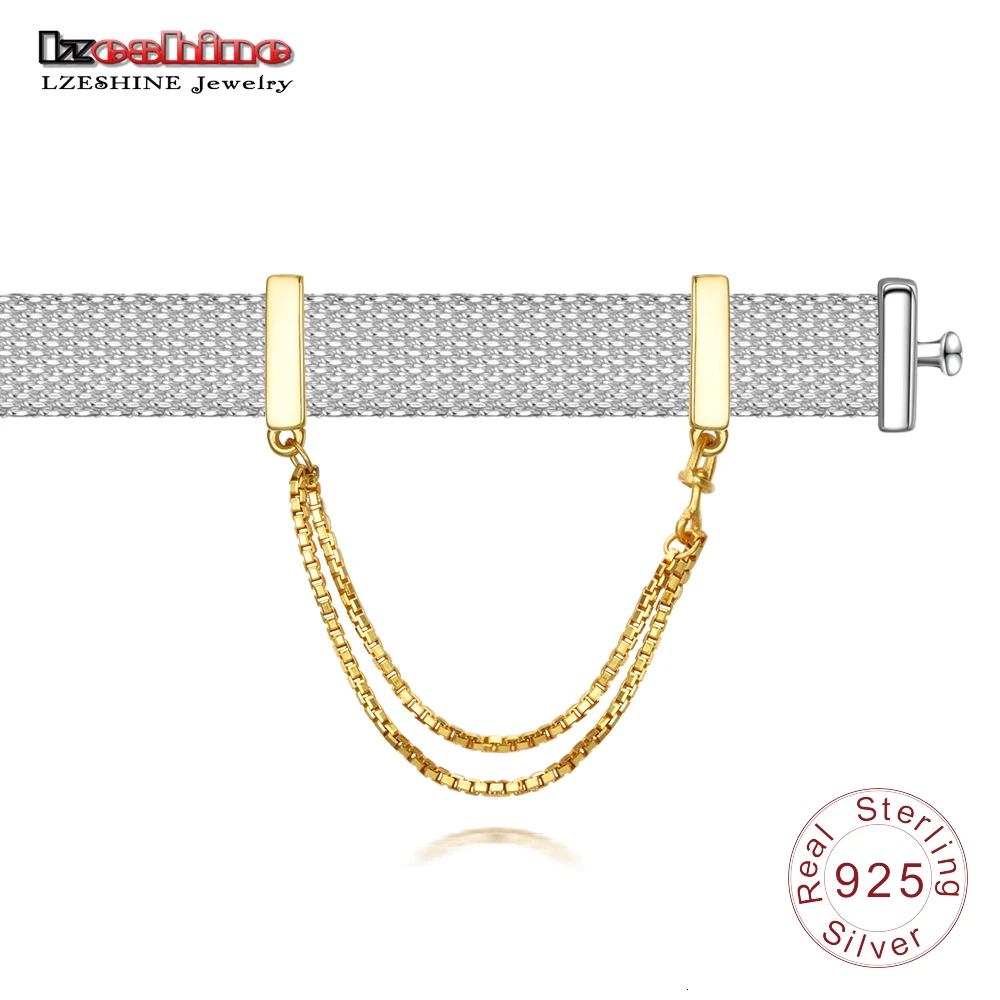 

LZESHINE 100% 925 Sterling Silver Charm Gold Safety Chain Fit Original Pandora Reflexions Bracelet Fashion DIY Jewelry For Women