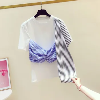 

T Shirt for Woman Summer Top Stripes Silk Scarves Bow Short-sleeved Round Collar T-shirt Ladies Tops Tshirt Ropa Mujer