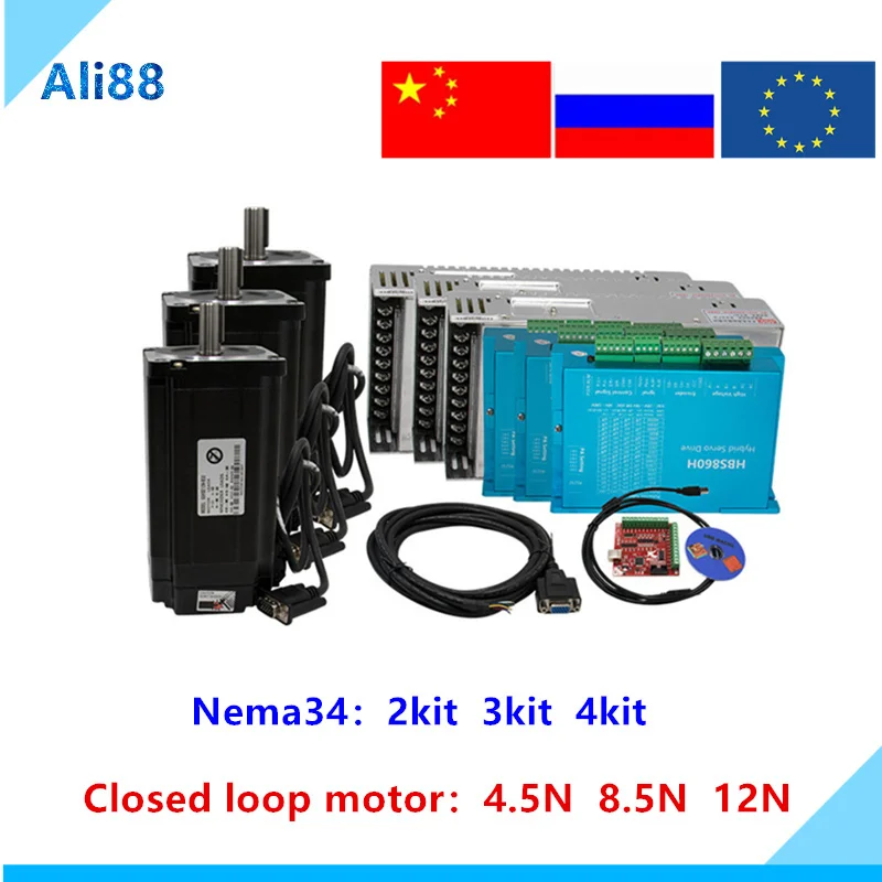 US $261.96 ES RU Free VAT3axis Nema 34 Closed Loop Set 86 2Phase Hybird Servo Motor 45N85NM12NM With Motor Driver HBS860H CNC Kit