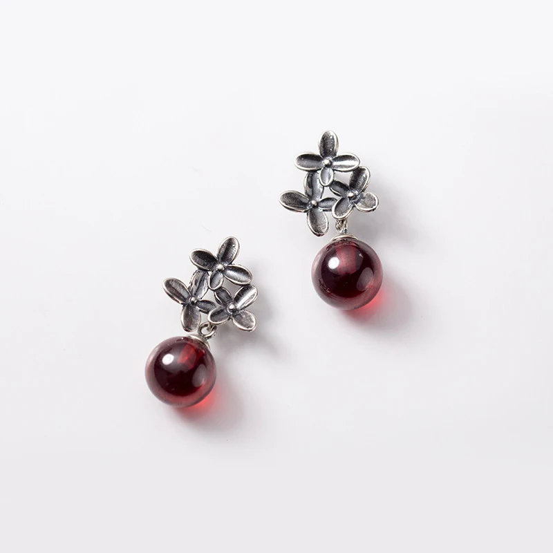 

MloveAcc 100% 925 Sterling Silver Vintage Blossoms Flower Stud Earrings with Dark Red Crystal for Women Sterling Silver Jewelry