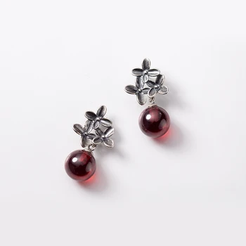 

MloveAcc 100% 925 Sterling Silver Vintage Blossoms Flower Stud Earrings with Dark Red Crystal for Women Sterling Silver Jewelry