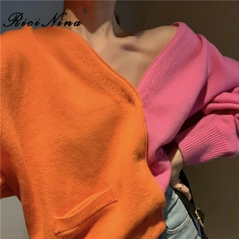 RICININA Sweater Cardigan Women Long Sleeve V Neck Buttons Pocket Patchwork Oversized Sweaters For Spring 2020 |