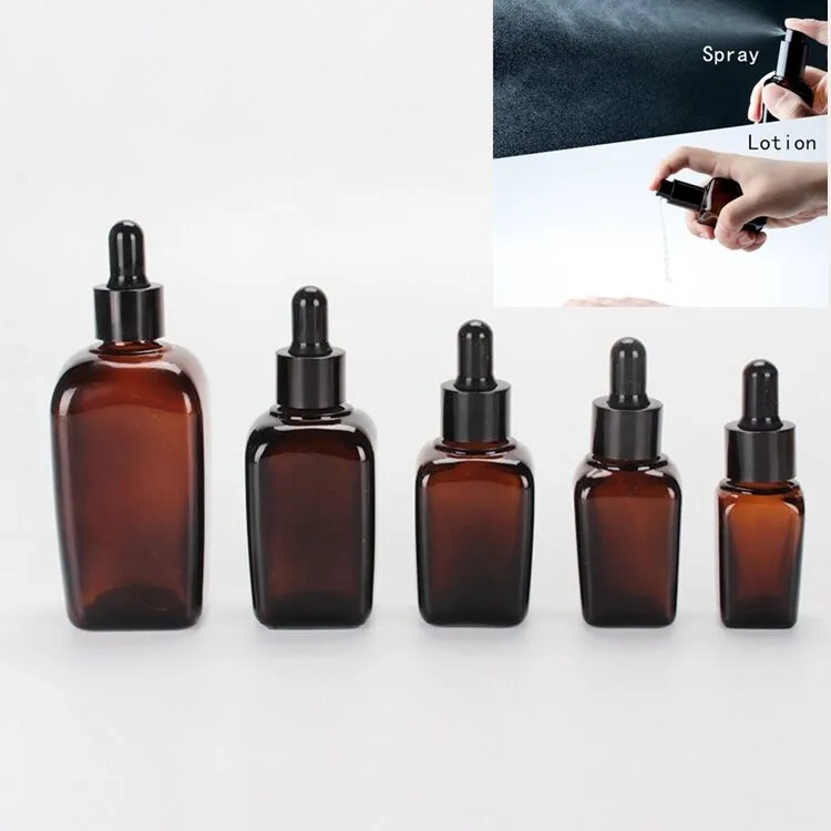 5pcs 10ml 20ml 30ml 50ml 100ml Square Amber Glass Dropper/Spary/Lotion Bottles Essential Oil Bottles With Glass Pipettes Jars 2