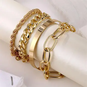 4pcs Punk Curb Cuban Chain Bracelets Set for Women