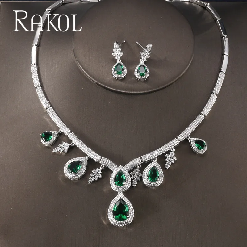 RAKOL зеленый капли воды кубический цирконий камень серьги ожерелье набор