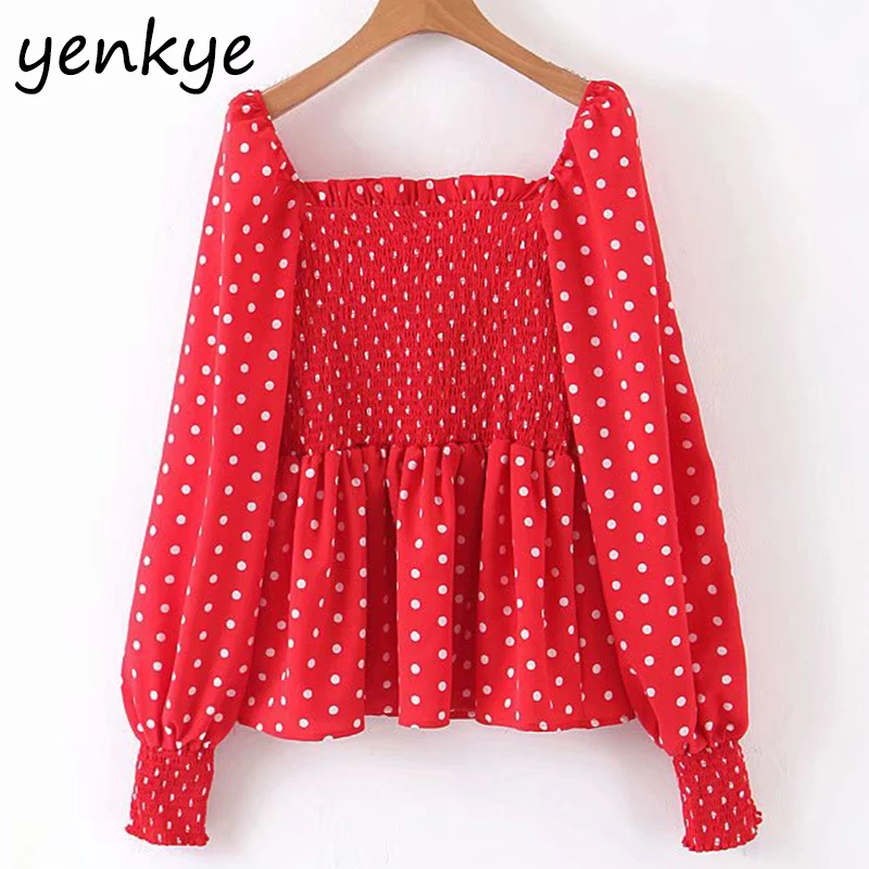 Винтажная блузка в горошек с квадратным вырезом женские эластичные красные