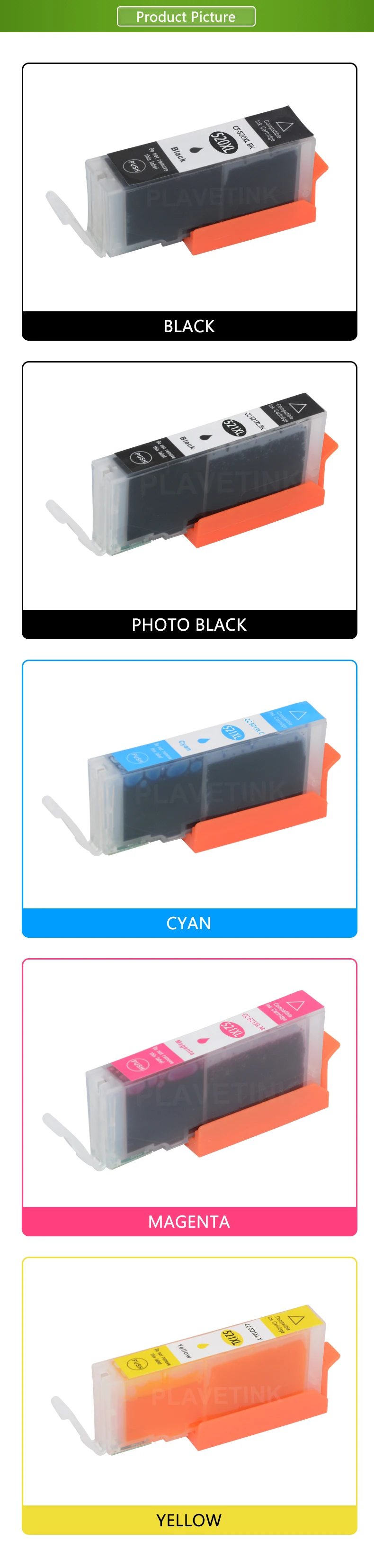 Plavetink 15 шт. PGI520 CLI521 XL совместимый чернильный картридж PGI-520 CLI-521 XL для Canon PGI 520 CLI 521 XL PIXMA IP3600 IP4600 IP4700 MX860 чернильные картриджи для принтера с чипом