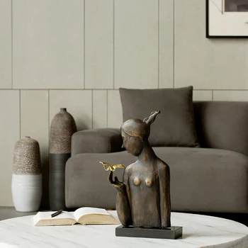 

Home Decor Accessories Girl Stroking A Golden Dragonfly Statue Metal Figurine Living Room Ornament Objects Office Marble Gift