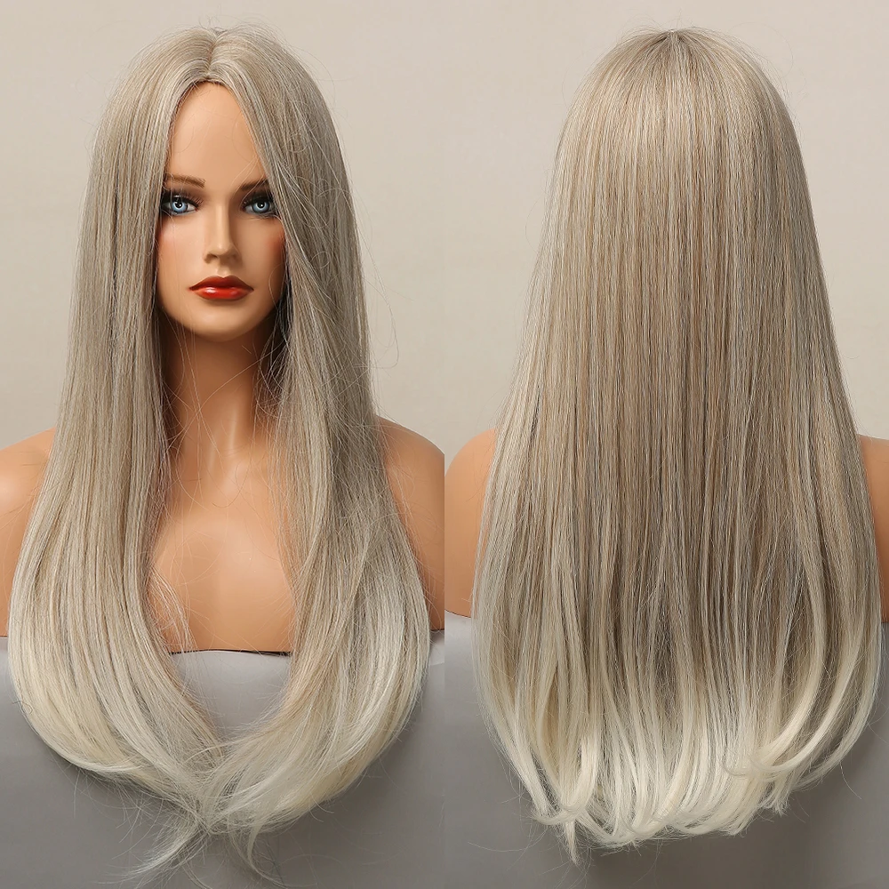 Ombre Gray Brown Blonde Synthetic Wigs Middle Part Long Silky Straight Wigs for Black White Women Cosplay Daily Heat Resistant