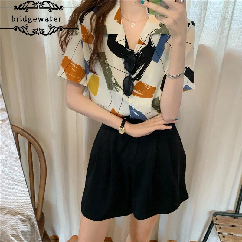 

Summer new style short-sleeved printed shirt loose slimming casual shirt fashion painted high quality all-match woman shirt
