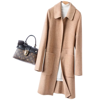 

Smpevrg wool coat women overcoat long sleeve turn-down collar women coats double-sided fabric topcoat female jacket long outwear