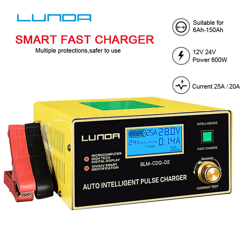 Английский LCD 600W 25A умный автоматический 12V/24V Автомобильное зарядное устройство