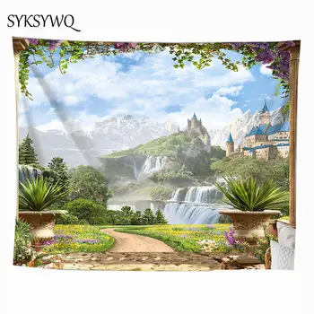 

waterfall mountain wall carpet 3d castle phychedlelic tapestry wall hanging wandtapijt wall sheet
