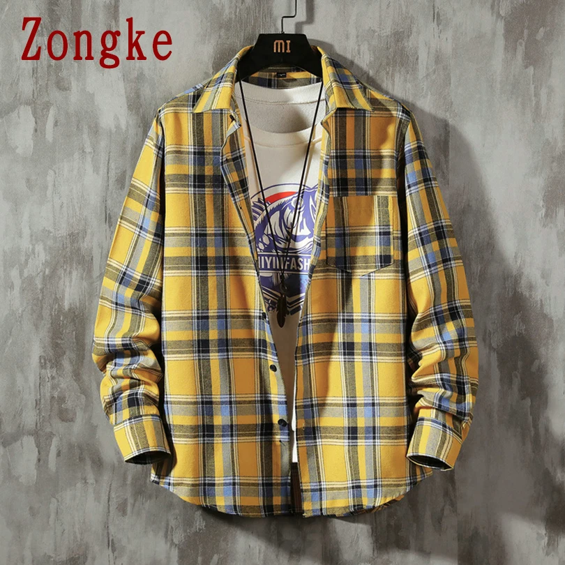 

Zongke 2020 New Spring Yellow Casual Plaid Shirt Men Slim Fit Cotton Male Long Sleeve Shirts Men Fashion Brand Plus Size M-5XL