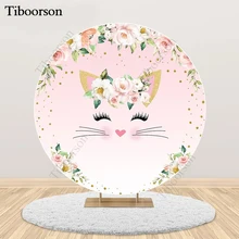 

Cute Cat Round Backdrop Princess 1st Birthday Photo Backdrop Pastel Pink Flowers Gold Dots Circle Cover Decoration