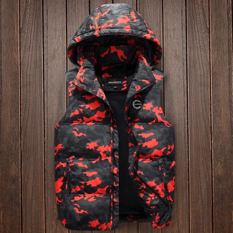 Red Vest Мужской Камуфляжный Повседневный жилет вниз Новая осень зима Мужская классическая ветровка парка мешковатая верхняя одежда с капюшоном куртка без рукавов - Цвет: Red Vest