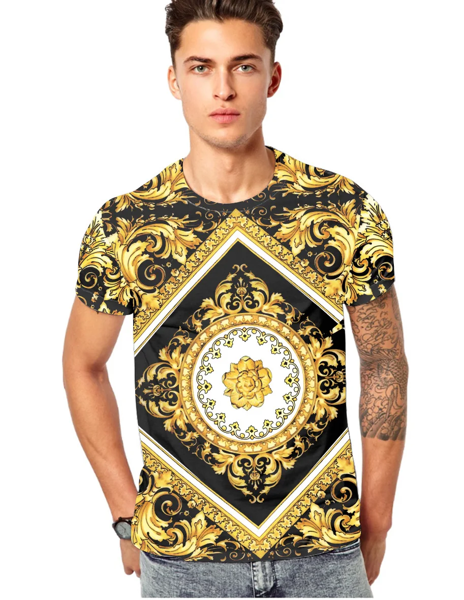 

2018 Summer New Style Europe And America 3D Short Sleeve T-shirt Digital Printing Gold Flower Glyph Personalized & Creative Styl