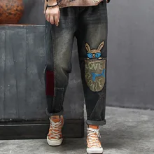 Осенние джинсы ретро женские свободные джинсовые брюки с эластичной резинкой на талии новые женские повседневные Лоскутные отбеленные винтажные брюки