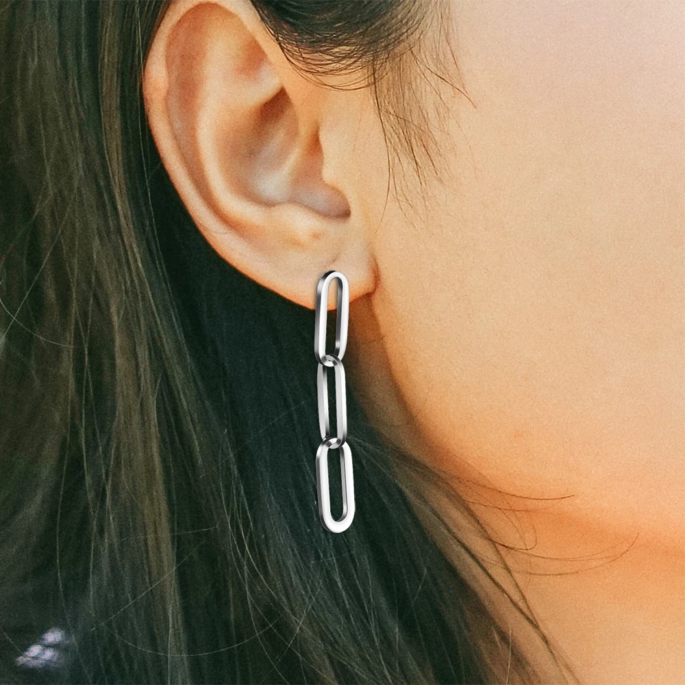 

Серьги-гвоздики из нержавеющей стали, с прямоугольной цепочкой, в виде колец геометрической формы