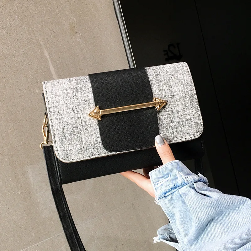 

2019 Trend New Style Leather Belt Square Sling Bag Pu Linen Finish Contrast Color Casual Crossbody Bag Women's Bag
