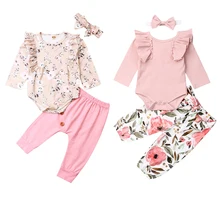 3pcs Newborn Baby Girl Clothes Sets Long Sleeve Ruffle Romper Tops+Floral Pants+Headband Outfit Set