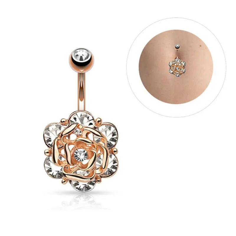 12pcs/lot Flower Shaped Belly Button Ring Crystal Stainless Steel Navel Bar Piercing Body Piercing Jewelry 14G