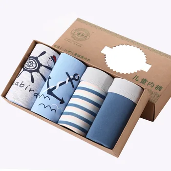 

4pcs Boys Boxers Blue Striped Cotton Underwear Teen Cartoon Dolphin Shorts Panties School Student Underpants 3t 9 12 14 Years