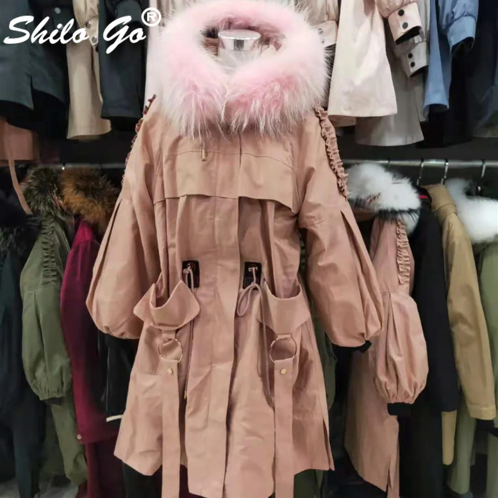 Fur Coat Safari Style Real Raccoon Fur Collar Hooded Rabbit Fur Lining Long Coat Women Winter Casual Warm Bishop Sleeve Outwear