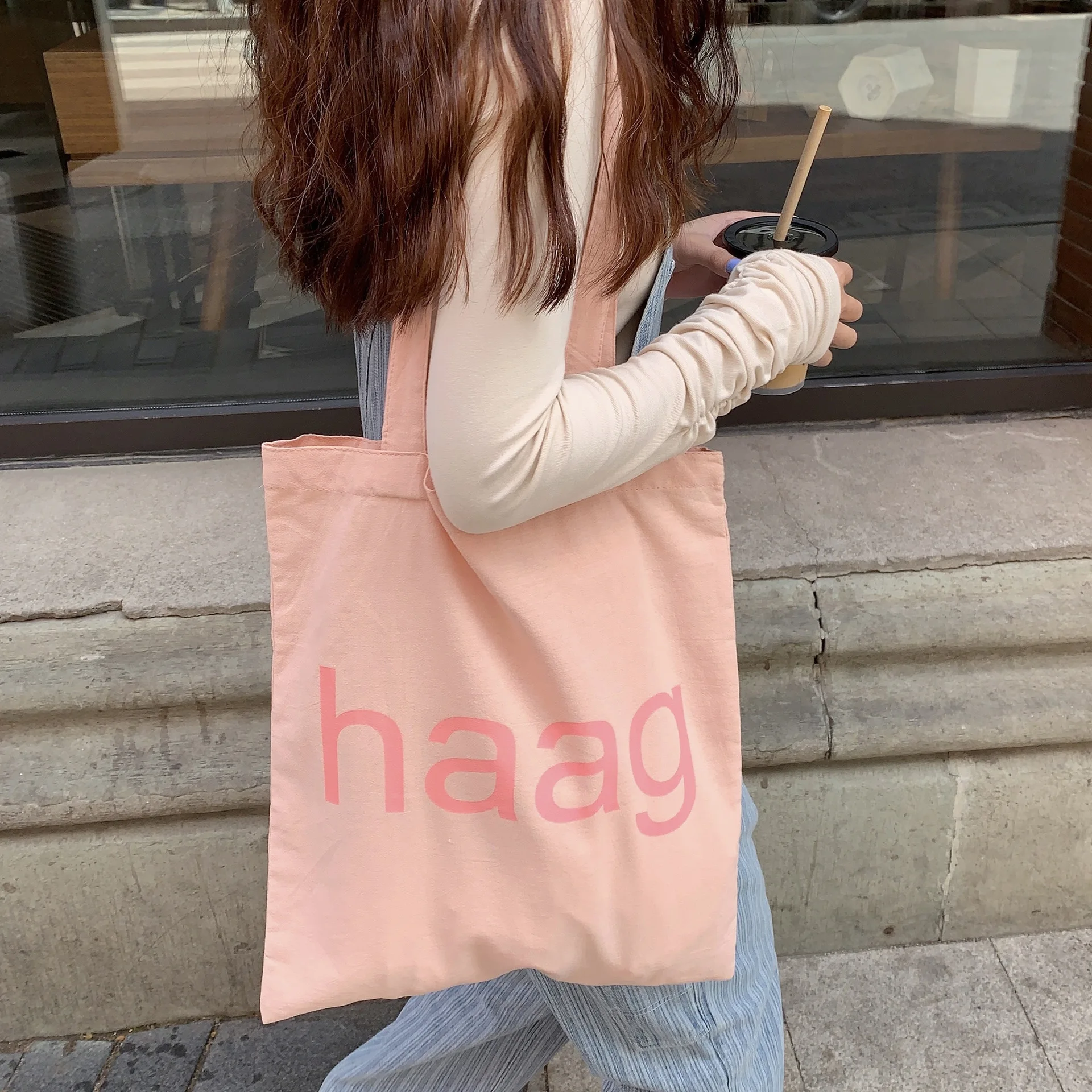 Повседневная холщовая женская сумка на плечо с надписью Haag хлопковая розовая