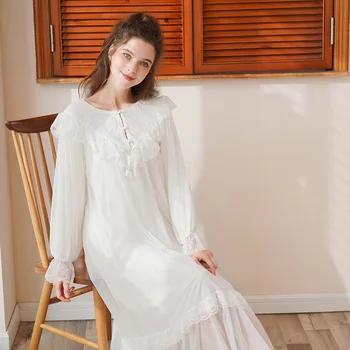 

Nightdress Ladies Autumn Thin Section Long-sleeved Loose Home Wear Casual Loose White Comfortable Cotton Lace Sexy Nightdress