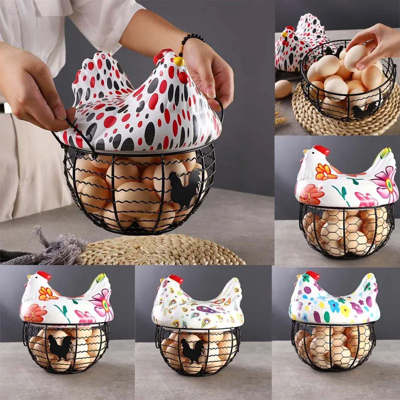 Creative Kitchen Chicken Egg Basket Painted Colorful Ceramic Wire Hen