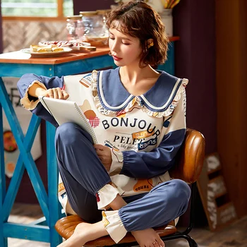 

Cute Doll Collar Women's Pajamas Winter Long Sleeve Sleepwear Cotton Pyjamas Fantasy Starry Sky Pattern Pijamas Large Size Pijam