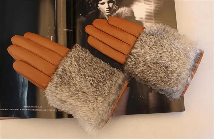 Зимние перчатки натуральный мех кролика натуральная овчина кожаные перчатки для женщин AG-14