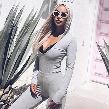 

Sexy Hooded Bodysuit Women Rompers Womens Jumpsuits Long Sleeve Shirt Grey Black Romper Slim Bodysuits Stretch Leotard Tops