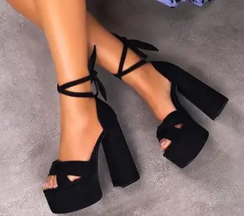 

Black Suede Square High Heels Party Shoes Woman Peep Toe Ankle Strap Sandals Women Lace-up Rome Sandals Lady Platform Shoes