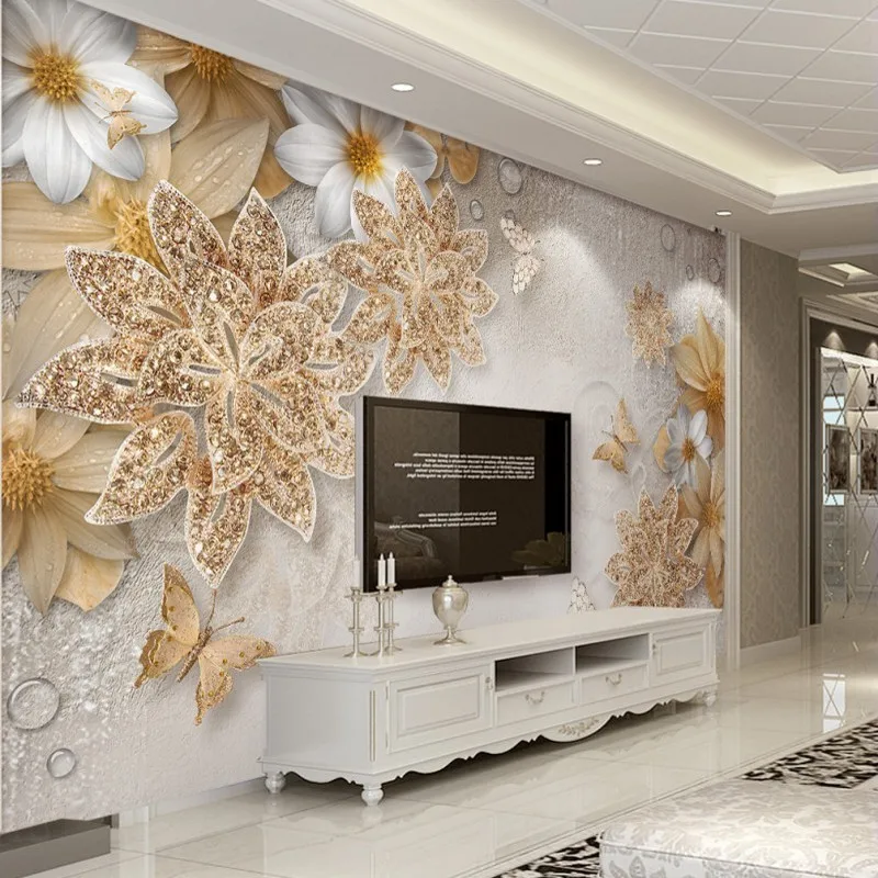 

Custom Mural Wallpaper for Bedroom 3D Luxury Gold Jewelry Flowers Butterfly Living Room Backdrop Wall Photo Wallpaper